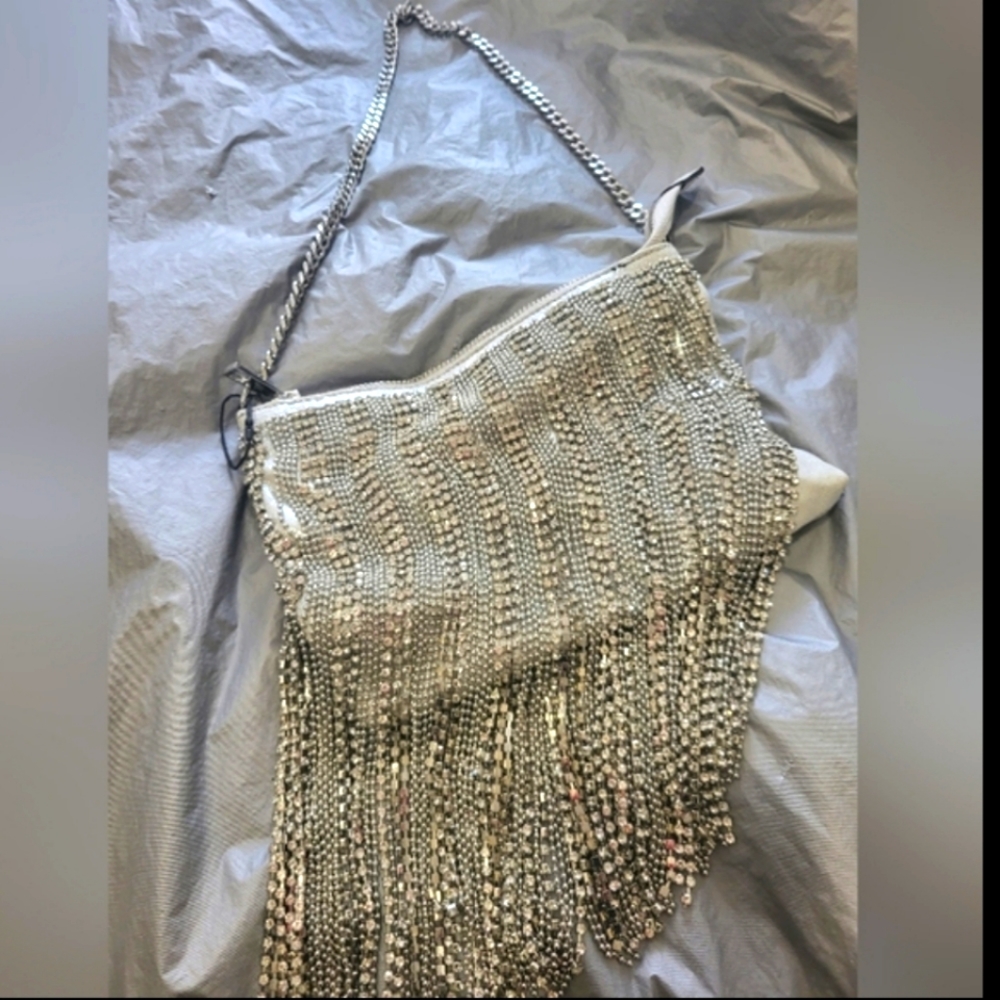 Zara Silver Beaded Fringe Shoulder Bag